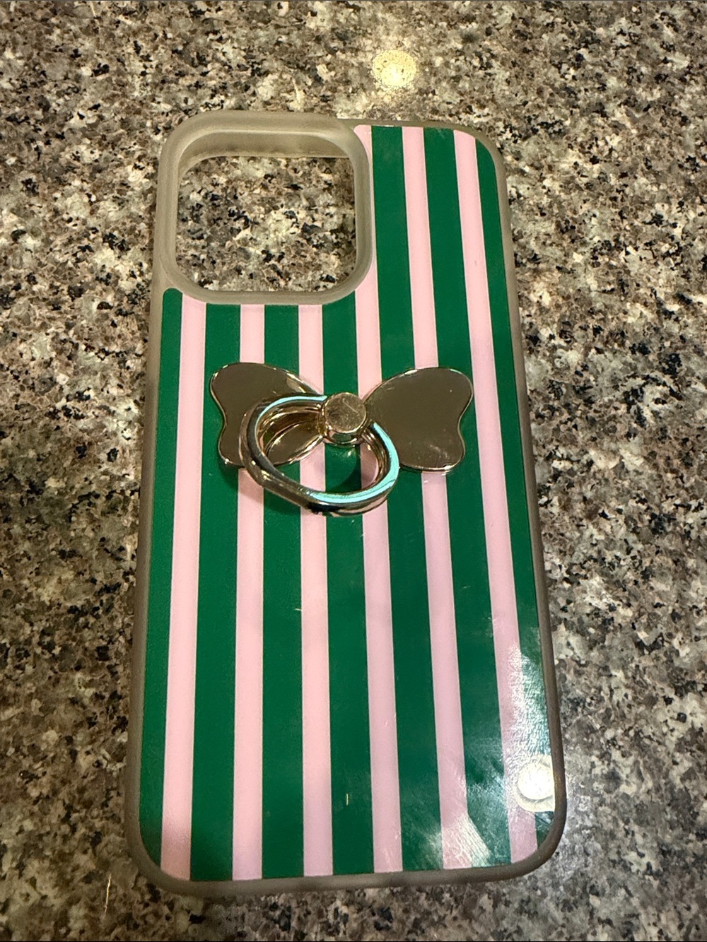 Pink & Green Striped Phone Case with Gold Ring Holder. 14 pro max.